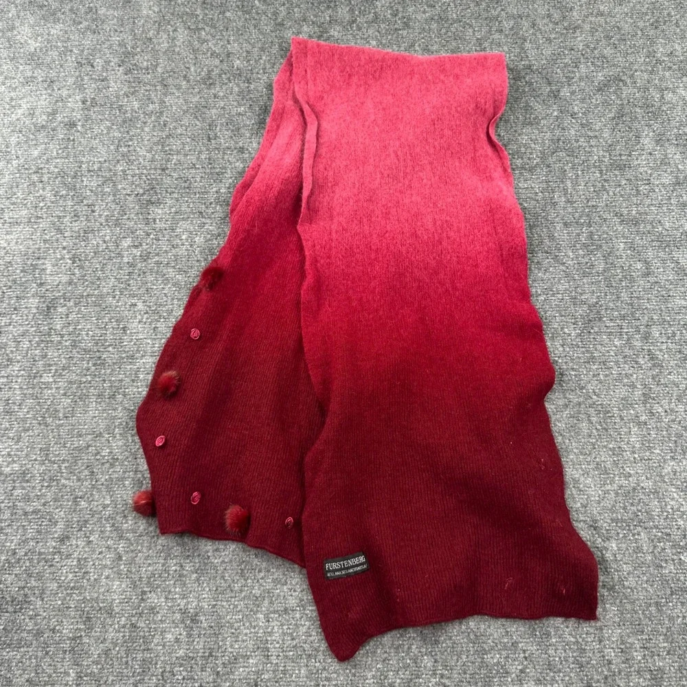Furstenberg Scarf OS Red Ombre Angora Wool Blend Fur Pom Pom Rosette Women